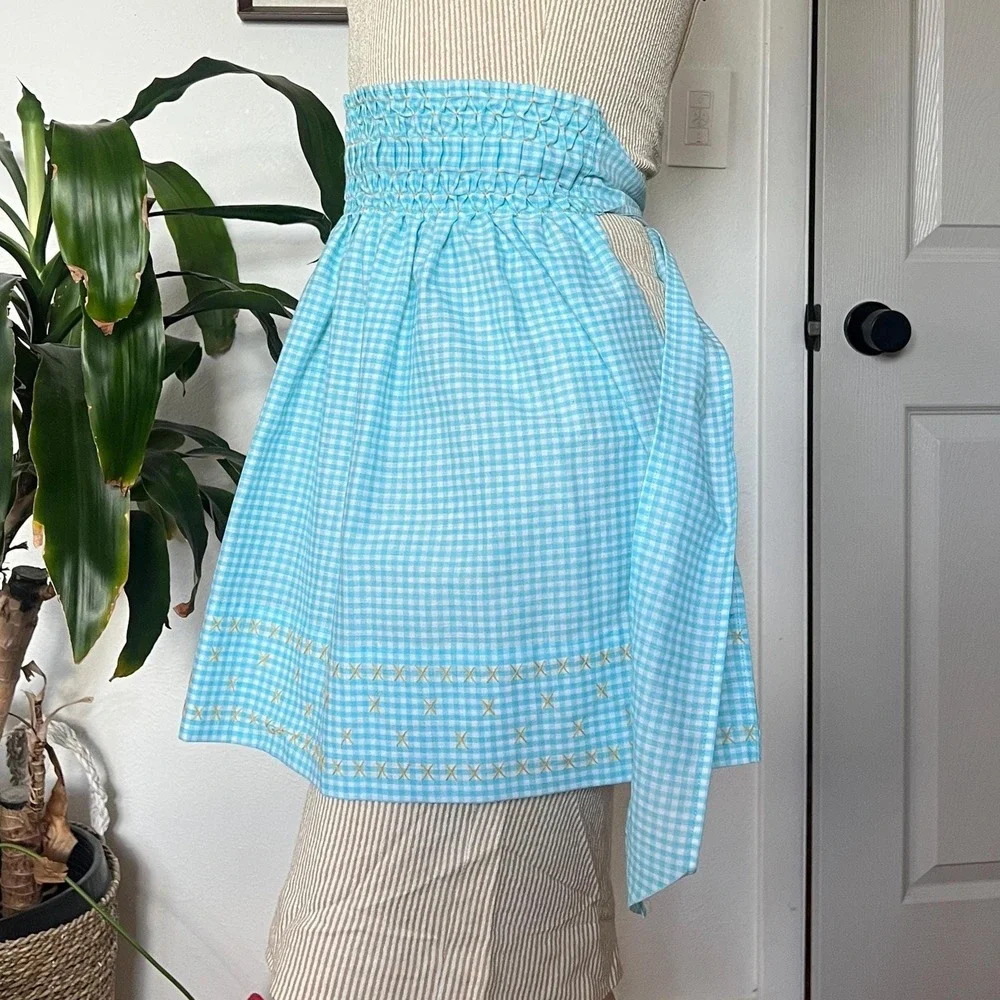 Vintage 70s handmade apron Blue‎ Gingham Retro Cottagecore smocking hostess